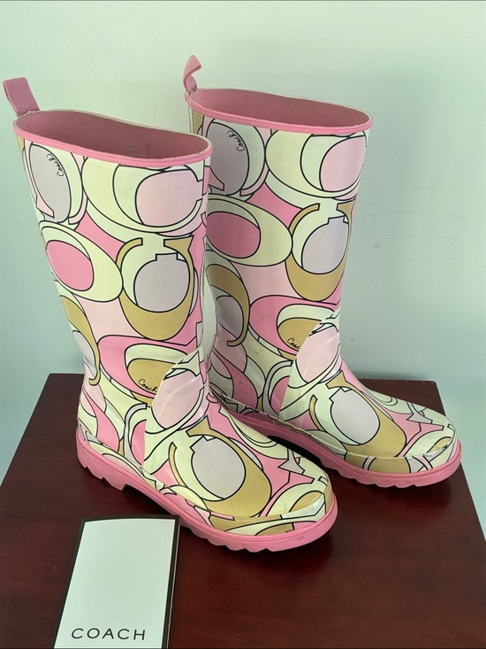 Coach Shoes - Coach Pink Multi-Color Signature Pattern Women Rain Boots 8